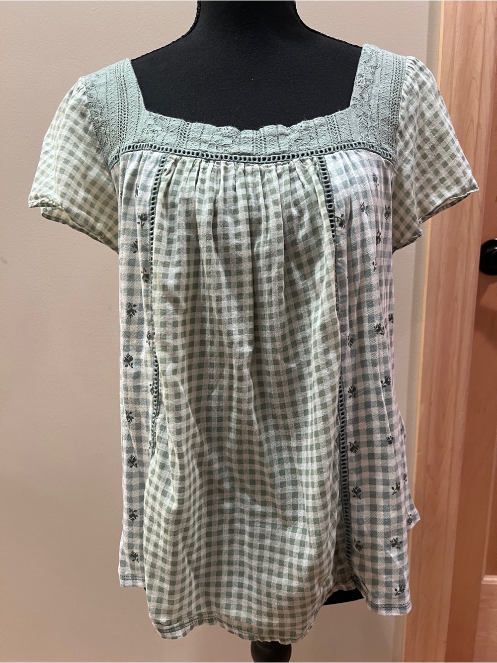 Sonoma Square Neck Lace Trim Ditsy Floral/Gingham Top Blouse Cottage Coquette XL